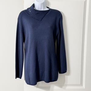 Adrianna Papell Blue Embellished Mock Neck Wool Pullover Sweater Size Medium